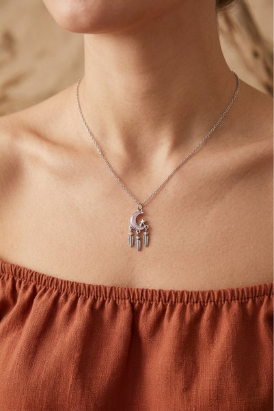Okapi Stone Crescent and Feather Figured Necklace