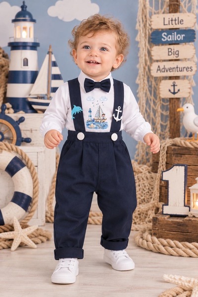Feriatolye Sailor Concept 1 Year Old Boy Long-Sleeved Shirt Pants Salopet Bow...