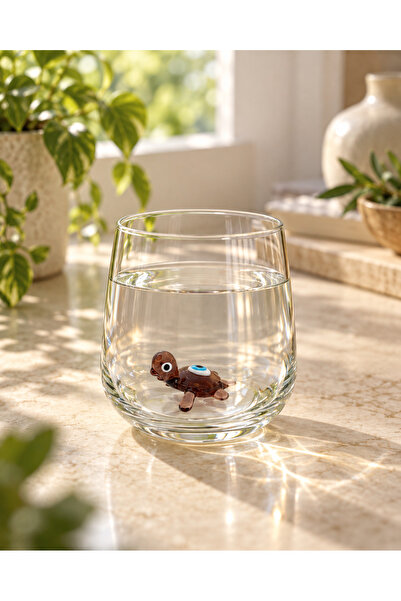 ADAMODART Red Evil Eye Detailed Turtle Glass Water Cup with Glass Figure - Si...