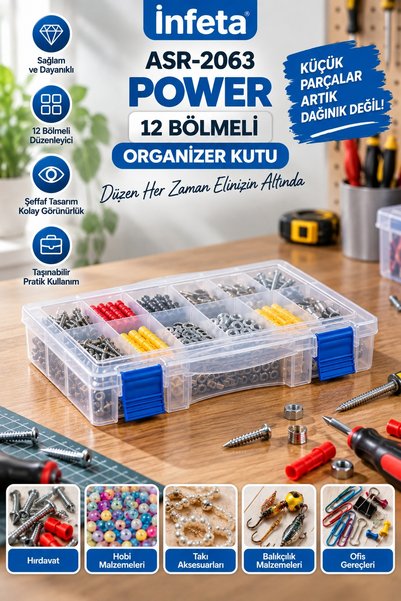 İnfeta 12 Bölmeli Şeffaf Organizer Kutu Kapaklı Kilitli Çok Amaçlı Düzenleyic...