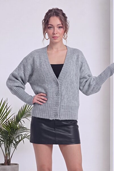 zks grup tekstil Women's V-Neck Buttoned Balloon Sleeve Knitwear Cardigan Pin...