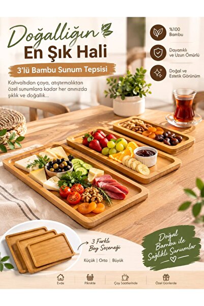 3’lü Bambu Sunum Tepsisi – Doğal Şıklık, Pratik Sunum