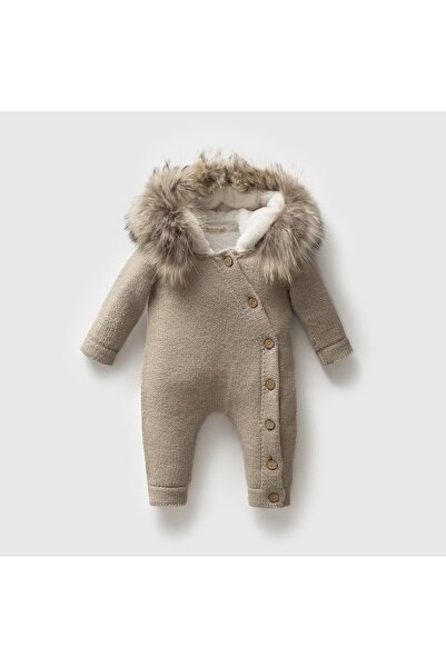 STRAWBABY Plush Detailed Inside with Fur Hooded Baby Knitwear Jumpsuit - Knit...