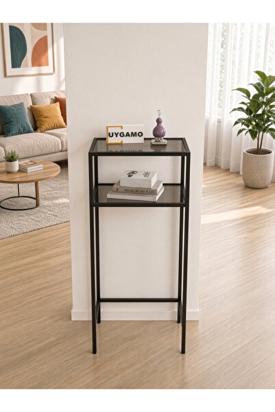 Roca Metal Yan Sehpa Füme Cam 2 Katlı Cam Raflı Modern Dekoratif Antre Sehpa Hol Saksı Standı 40x30
