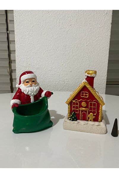 ELBUCOLECTION Şeker Ev Tütsülük Ve Sepetli Noel Baba El Yapımı Konik Tütsü Dekor
