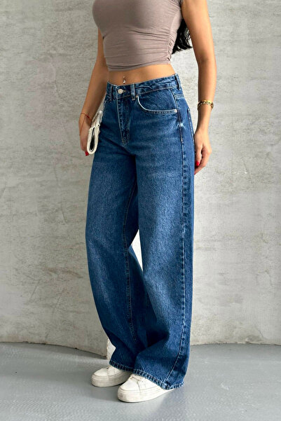 BM BALANCEMODA Γυναικείο μπλε ψηλόμεσο τζιν παλάζο από λύκρα, φαρδιά γραμμή, ...