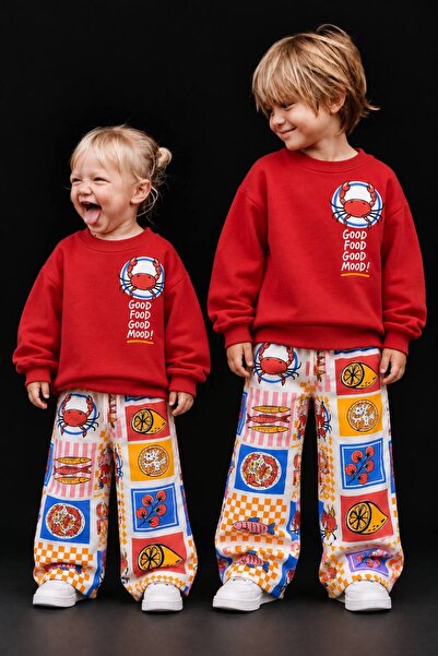 Ee9Kids Unisex Kırmızı Baskılı Pamuklu 3 İplik Sweatshirt Ve Çizgili Eşofman ...