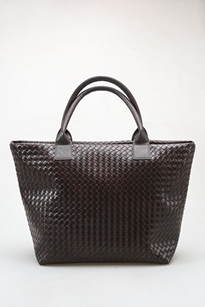 Rella Brown Women's Knitted Patterned Oversized Tote Handbag
