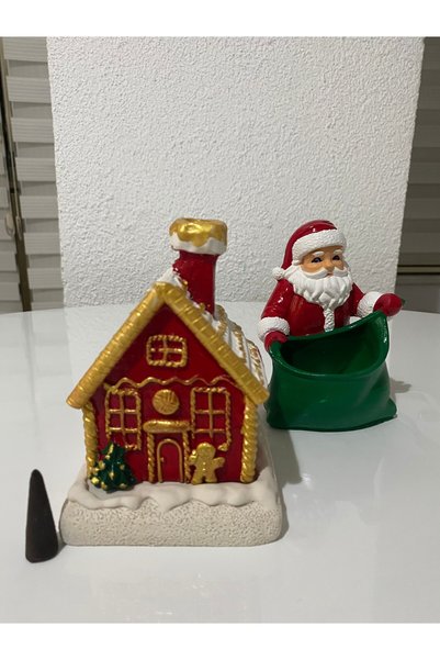 ELBUCOLECTION Şeker Ev Tütsülük Ve Sepetli Noel Baba El Yapımı Konik Tütsü Dekor