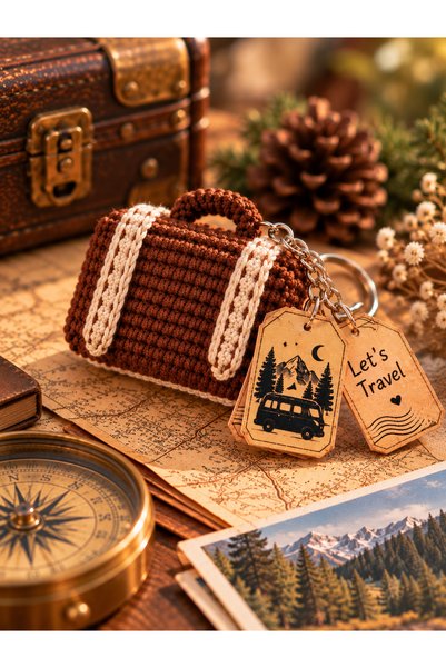 SevseHobi Hubush Handmade Knitted Mini Suitcase Keychain – Brown with Travel Tag