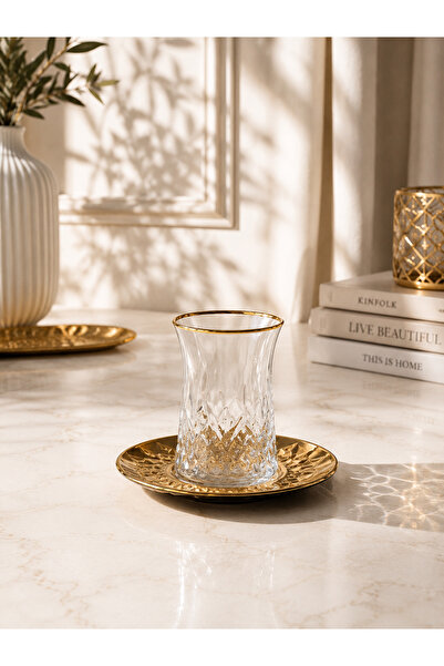 Şahika Kristal cama atılan imza 12 Piece Lara Gold Gilded Tea Cup and Titaniu...