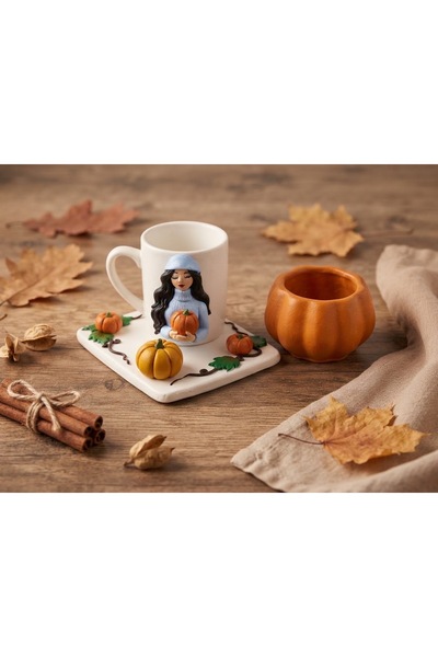 Dekor köşesi Handmade Autumn Concept Pumpkin Figured Cup and Saucer Set - Des...