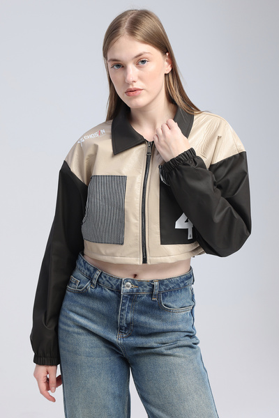 CHOS7N Kadın Puf Suni Deri Crop Bomber Ceket - Fermuarlı, Çift Cepli, Garnili...