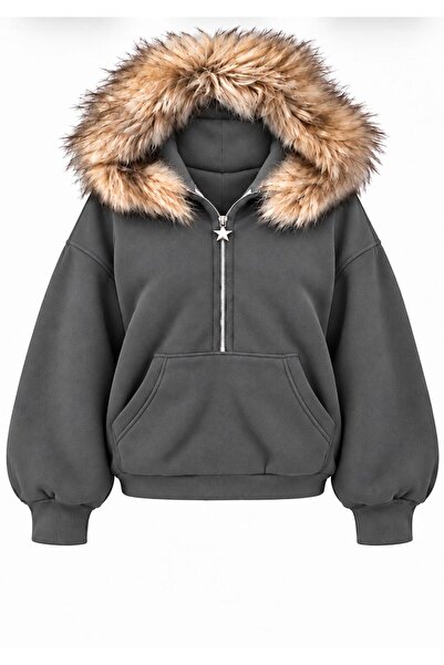 nathia outdoors Hooded Fur Detailed Oversize 3 Thread Vortex Basic Women's Sw...