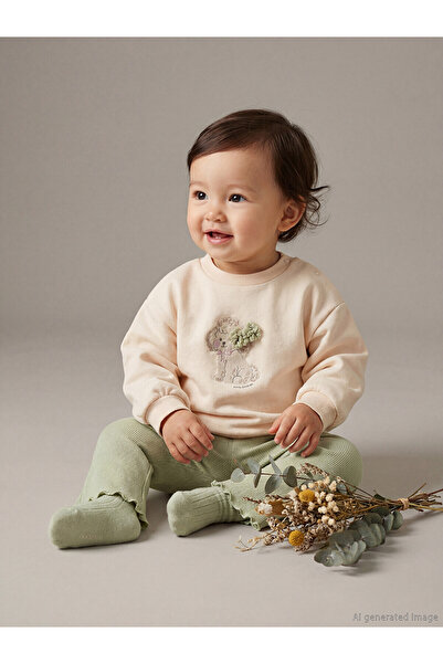 LC Waikiki Nevavm Farkıyla Lcw Baby Beige Oval Collar Printed Baby Girl Sweat...