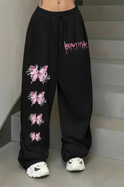 classy moda Oversize Street Style 3 Thread Raster Printed Wide Leg Bottoms