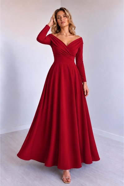 Generic Brand Women's long sleeve off-the-shoulder pleated crepe dress