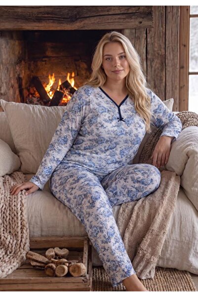 TOSKI Pijama Damă Big Size, 100% Bumbac, Mânecă Lungă și Pantaloni Lungi, Imp...