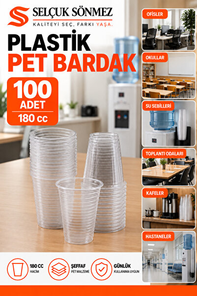 SELÇUK SÖNMEZ Plastik Pet Bardak 180 CC 100 Adet Şeffaf Su Bardağı Tek Kullan...
