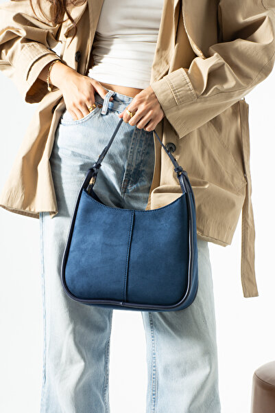 Adox Çanta Li̇nde Model Suede Navy Blue Women's Hand and Shoulder Bag