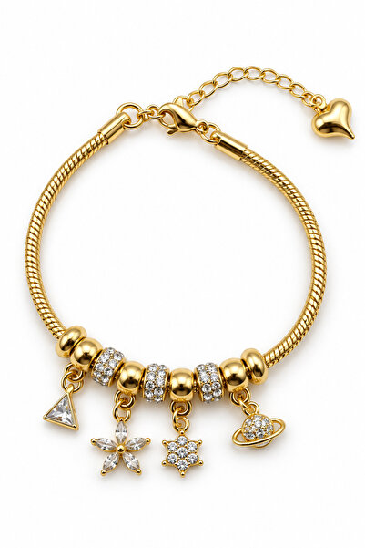 Stelle Jewelry Charm Detailed Steel Bracelet with Stones, Star, Planet, Flowe...
