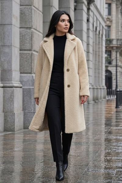 Aysan Moda Kadın Astarlı Ceplı Peluş Kışlık Ekru Kaban