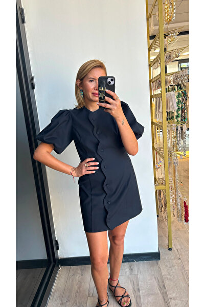 Lacivert Puf Kollu Mini Elbise