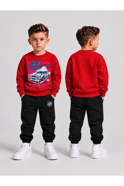 VODEXA Tracksuit Set Crew Neck Sweatshirt Boys' 2-Piece Printed Top and Botto...