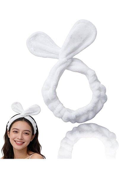 GENERAL White Cloth Rabbit Ear Headband - Wire Spa Hairband with Flexible Ope...