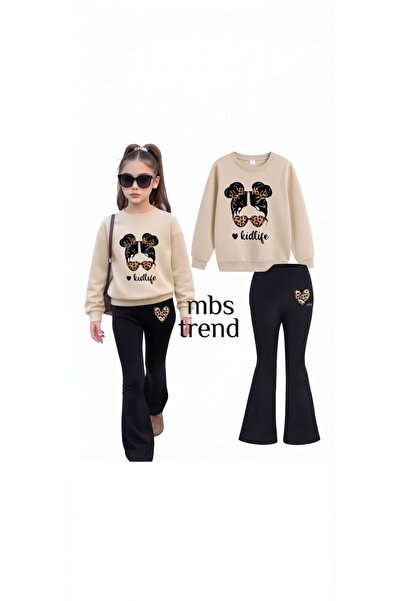 Kids Winter Girls' Leopard Detailed Printed Cream Sweatshirt and Black Spanis...