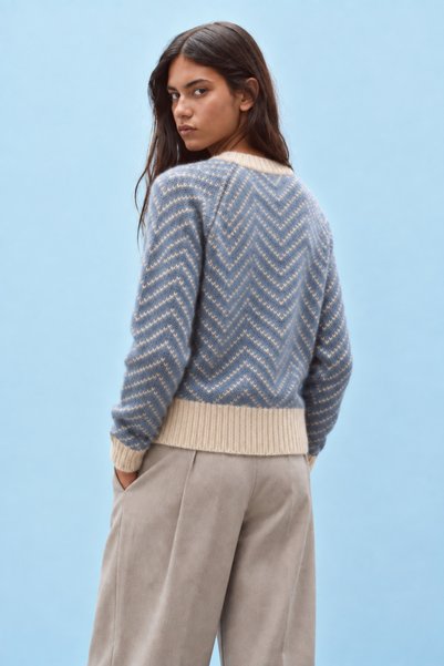 Asfaha Fashion Women's Blue Ecru Zigzag Patterned Crew Neck Knitwear Sweater