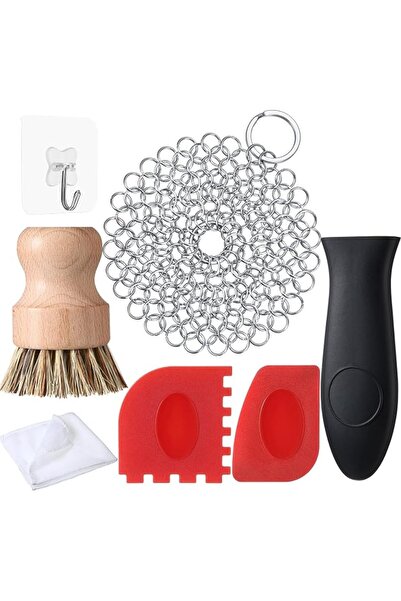 Patelai 7 Pieces Cast Iron Cleaner Set Include Stainless Steel Chainmail Scru...
