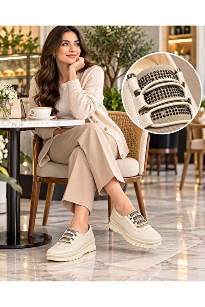 SOLERIUM SHOES Kadın Lastik Detay Taşlı Anne Ayakkabısı Günlük Ayakkabı Babet