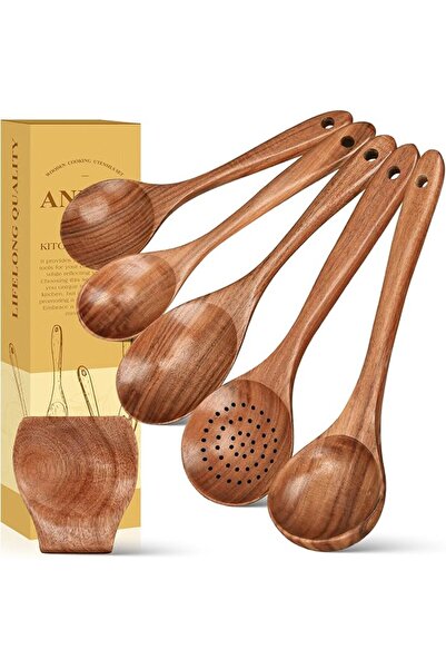 GENERAL ملاعق خشبية للطبخ من ANBUY، طقم أدوات مطبخ من خشب الساج مكون من 6 قطع...