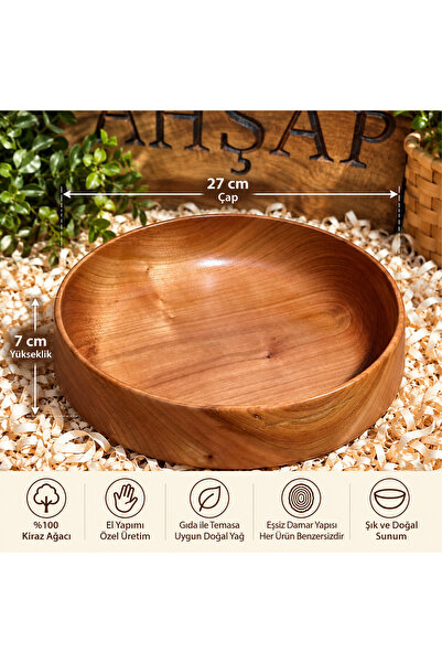 El Yapımı Kiraz Ağacı Salata Kasesi 27x7 cm – Doğal Ahşap Büyük Sunum Kasesi