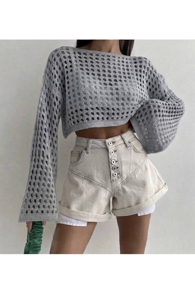AHENZA COLLECTION سترة نسائية رمادية اللون منسوجة ومخرمة، بلوزة تريكو إسبانية...