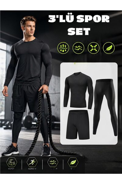 RUTBİL SPORTS 3'LÜ SET BODY + UZUN PRO TAYT ŞORT-SPOR -FİTNESS-GYM-KOŞU-FUTBO...
