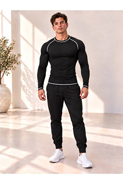 Erkek Siyah Uzun Kollu Bisiklet Yaka Compression Spor Body