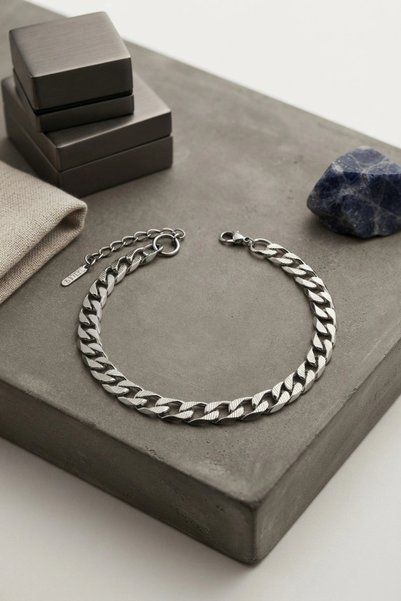 shopwave 316L Steel Silver Color Cuban Chain Model Men's Bracelet