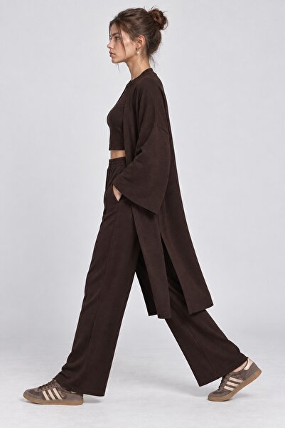 Lovelyİstanbul Soft Textured Modal Top and Bottom Set Lby0091 Brown