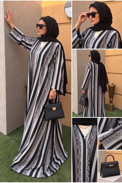 Lamis Nawar Code 7 Striped & Lace Embroidered Grey Abaya - V-Neck Long Dress