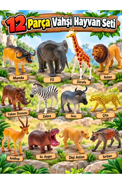 a v d a 12 Parça Vahşi Hayvan Seti 8cm Küçük Boy – Fil, Aslan, Zürafa, Zebra, Çita, Manda, Su Aygırı, Yaban Domuzu, Antilop, Gnu, Sırtlan ve Puma – Eğitici Vahşi Hayvan Figür Oyuncak Seti