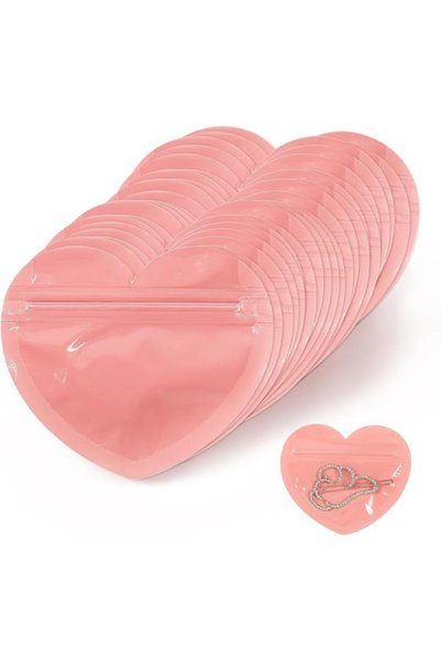 TERRIFI Pink Heart Shaped Mylar Bags, Clear Resealable Ziplock Pouches for Je...