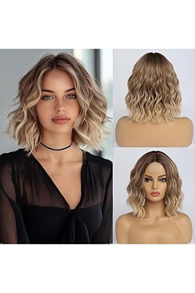 Tazweeq Short Wavy Blonde Bob Wigs for Women, Water Wave Shoulder Length Ombr...