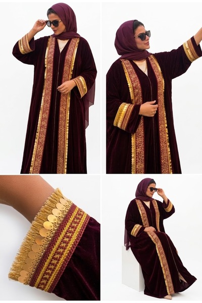 Lamis Nawar Code 13 Luxury Maroon Velvet Abaya - Gold Coin Fringe Trim & Cuffs