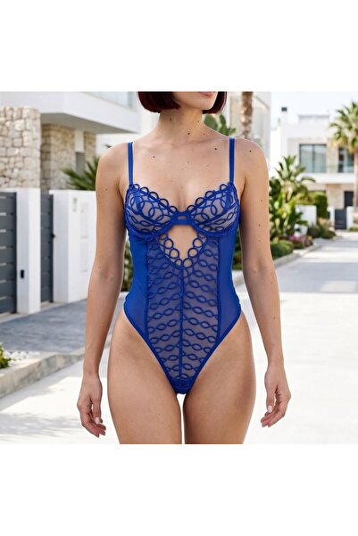 Saks Mavi Zincir Desenli Balenli Bodysuit - Fantezi