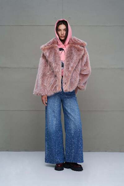 #vdr viadellerose Pembe Kürk Görünümlü Oversize Kısa Ceket 18290