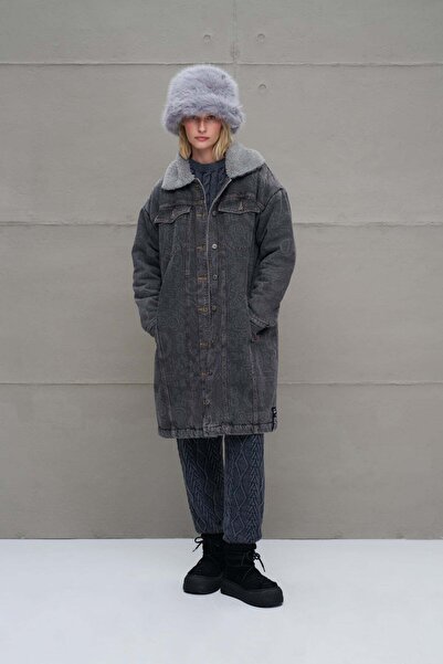 #vdr viadellerose Anthracite Fur Look Long Denim Jacket 18098