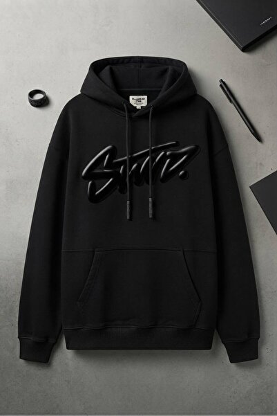JANTIL MODA Black Unisex Oversize 3 Thread Raster Printed Hooded Sweatshirt w...