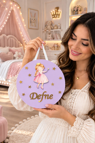 estölye El Yapımı İsme Özel Yuvarlak Peri Lila Bebek Kapı süsü, Hastane Süsü,...